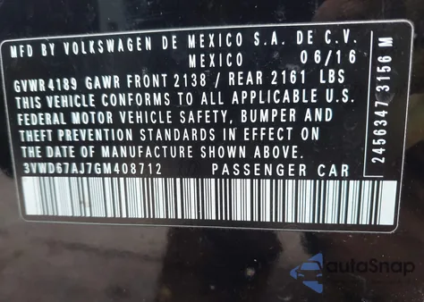 2016 Volkswagen Jetta 1.4T Se z USA, uszkodzony, nr VIN 3VWD67AJ7GM408712